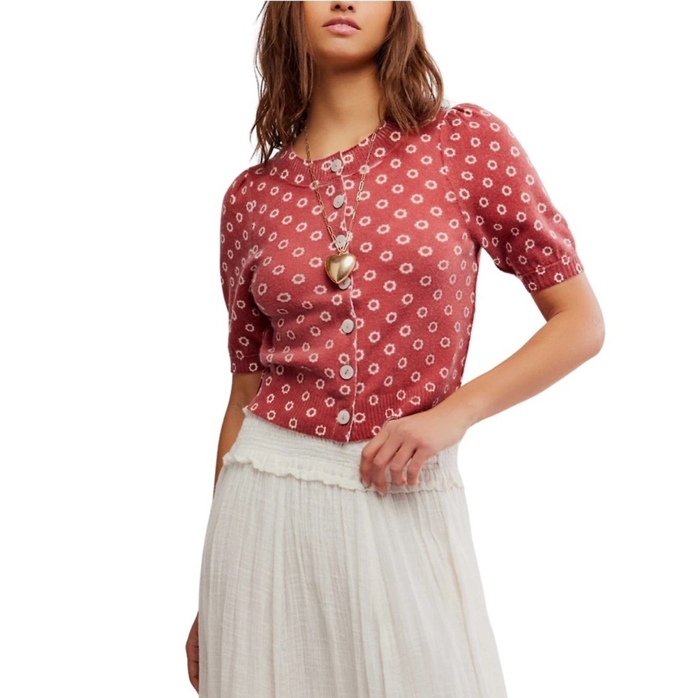 Free People Isla Daisy Puff Sleeve Crop Wool & Cashmere Blend Cardigan Sz XS NWT